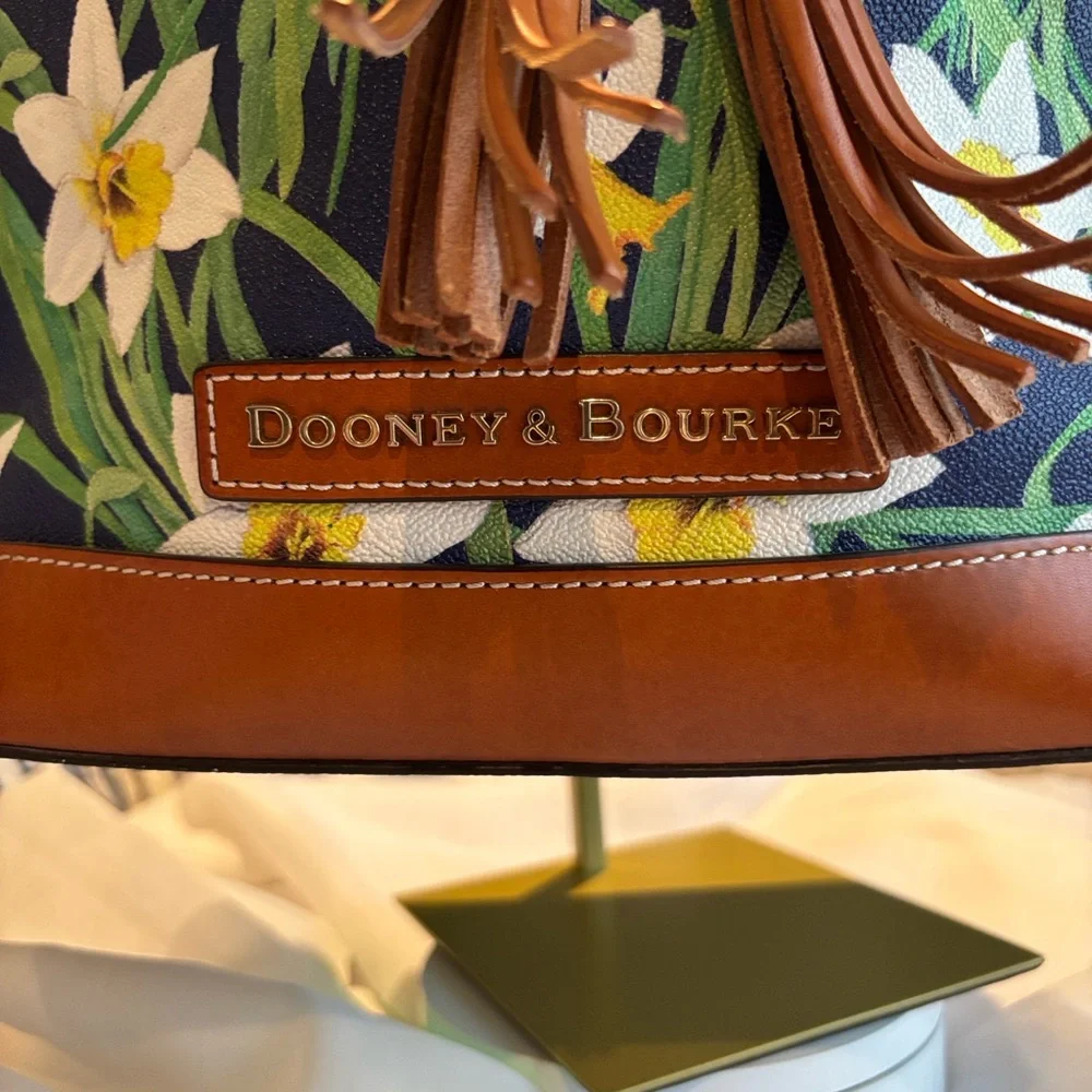 Dooney & Bourke Blue Floral Bucket Bag with Tan Trim - Picture 3 of 13